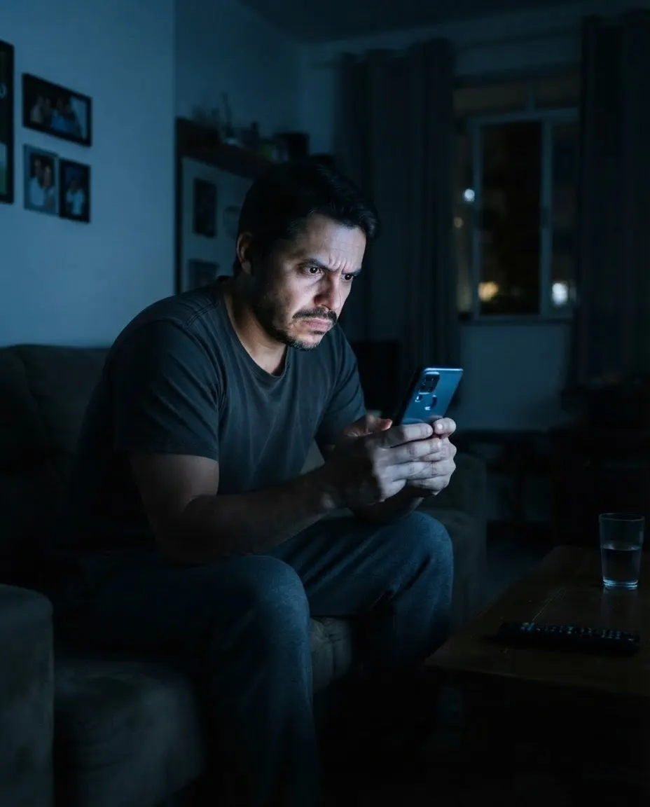 Homem de madrugada no sofá, olhando o celular