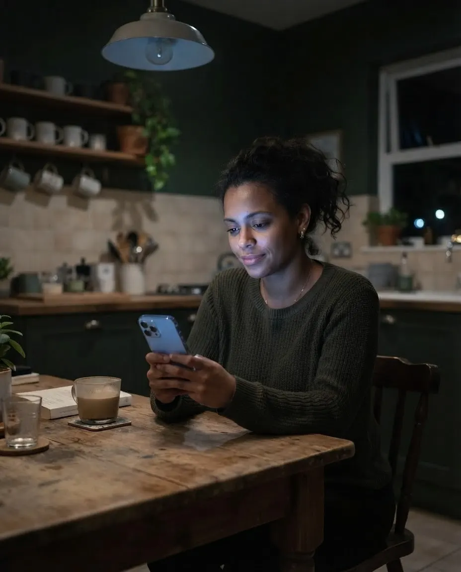 Mulher olhando o celular à noite, na cozinha
